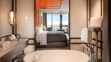 Deep-soaking bathtub, rainfall showerhead, free toiletries, hair dryer