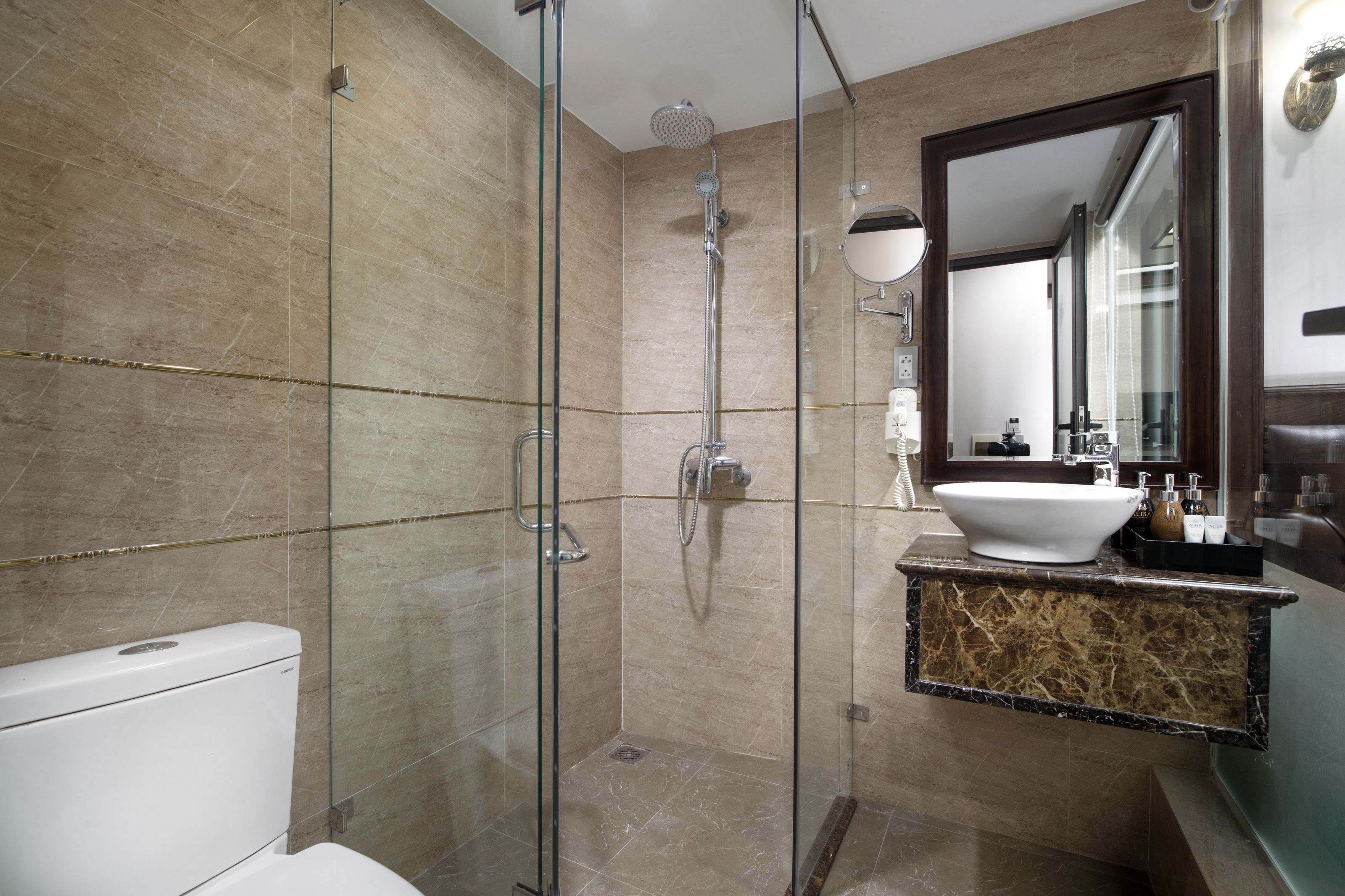 shower, free toiletries, hair dryer, bathrobes