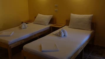 Two single beds with white linens and pillows, wooden headboards, and bedside tables.