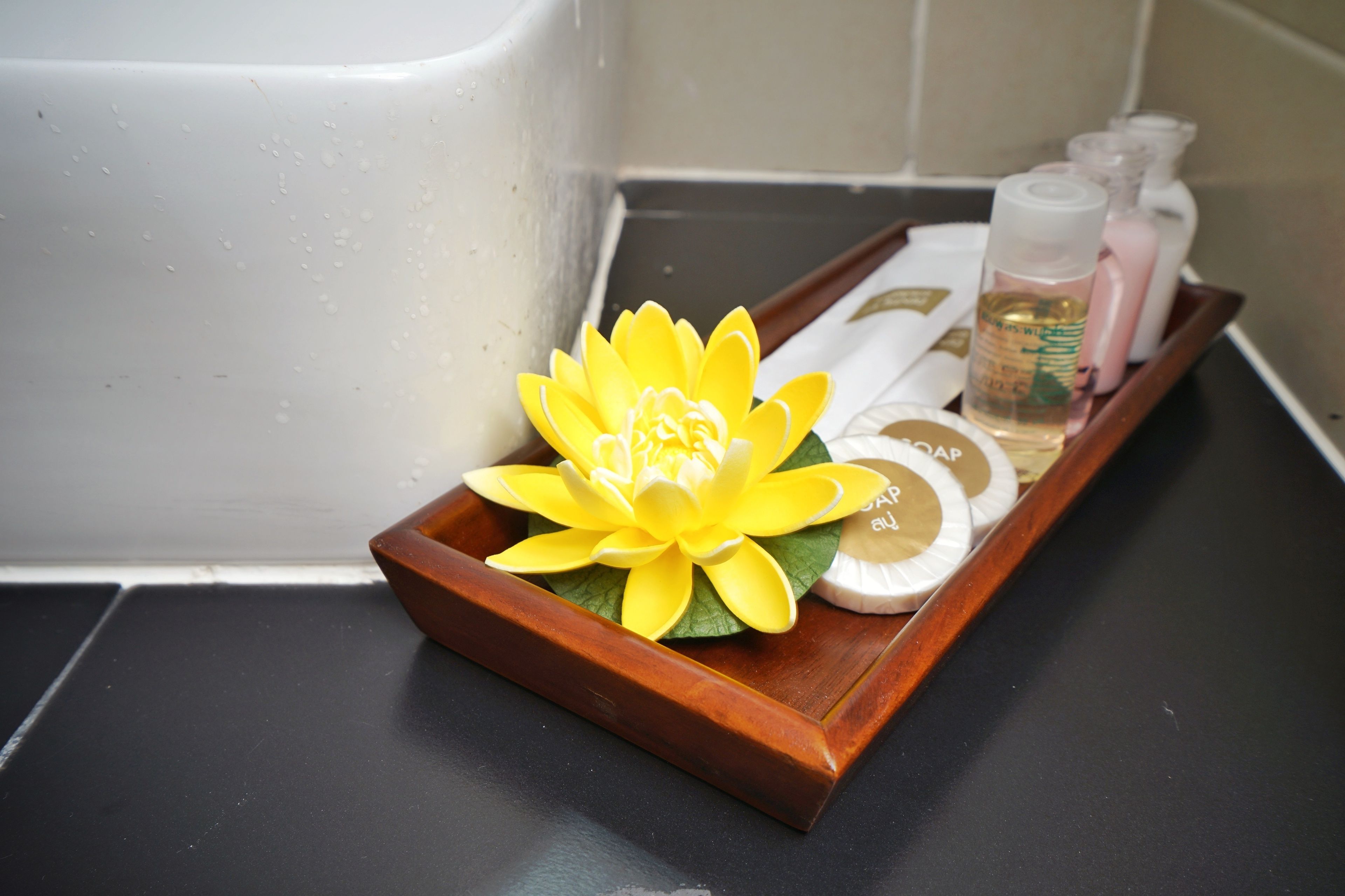 shower, free toiletries, slippers