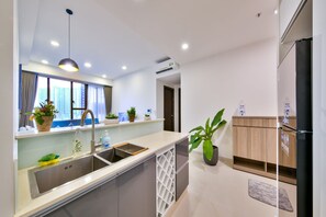 Kühlschrank, Mikrowelle, Herdplatte, Wasserkocher