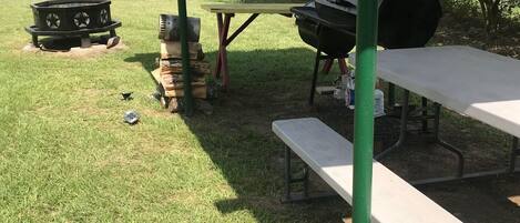 A covered outdoor area with a grill, picnic table, and fire pit.