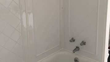 Bathtub, hair dryer, towels, toilet paper