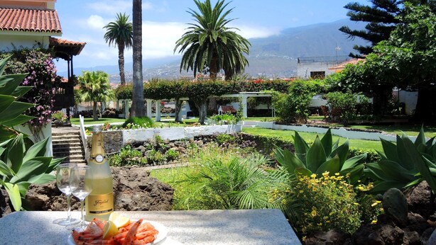 Una mesa con una botella de champán, un plato de camarones y una copa de vino blanco, frente a un jardín con palmeras y vistas a una montaña.