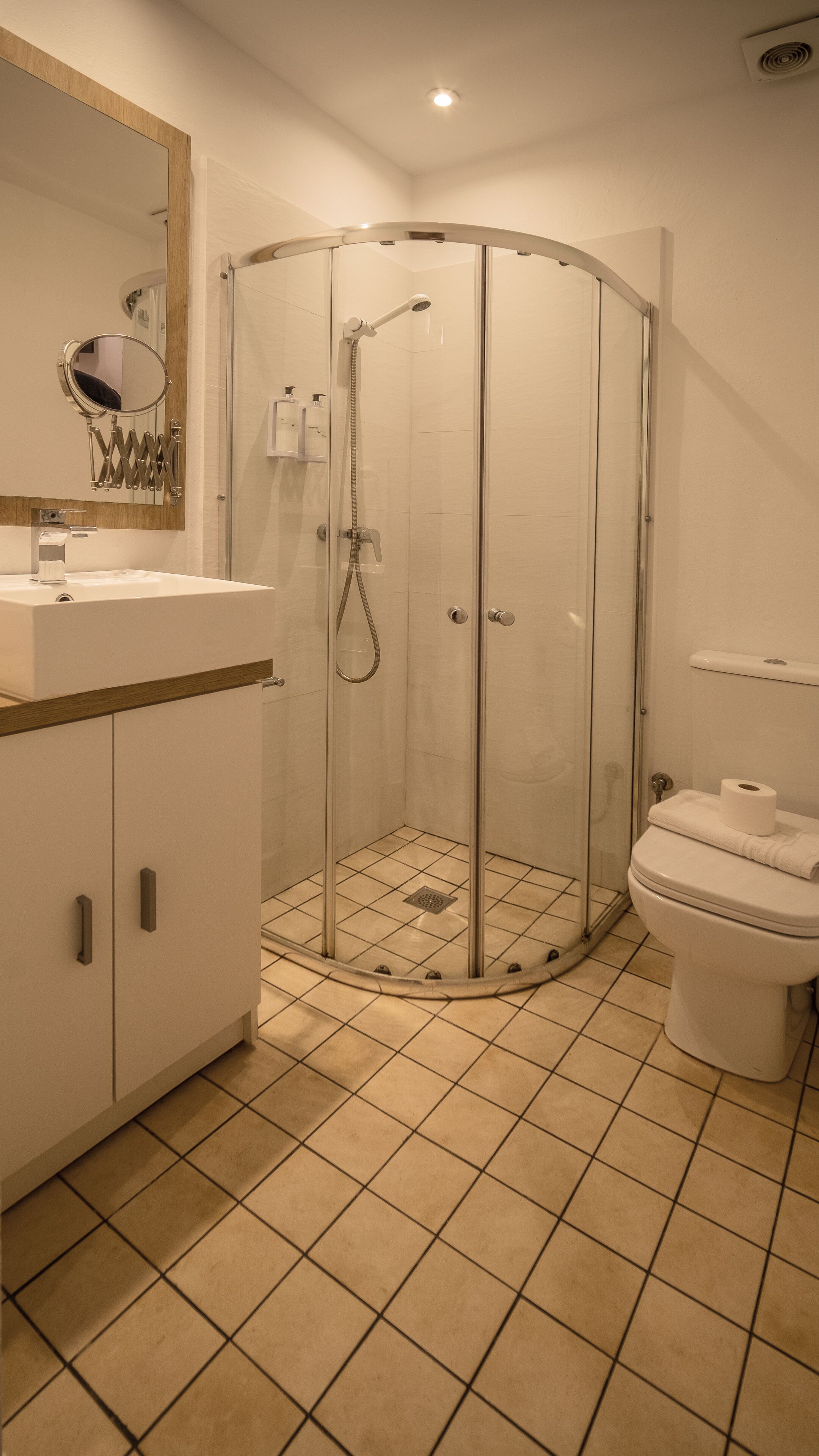 Une salle de bain moderne avec une douche à parois de verre, un lavabo blanc et des toilettes.