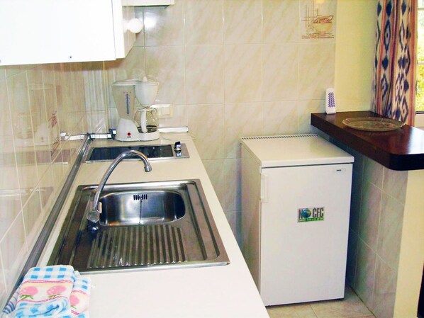 Una cocina compacta con un lavamanos de acero inoxidable, un refrigerador pequeño y una cafetera.