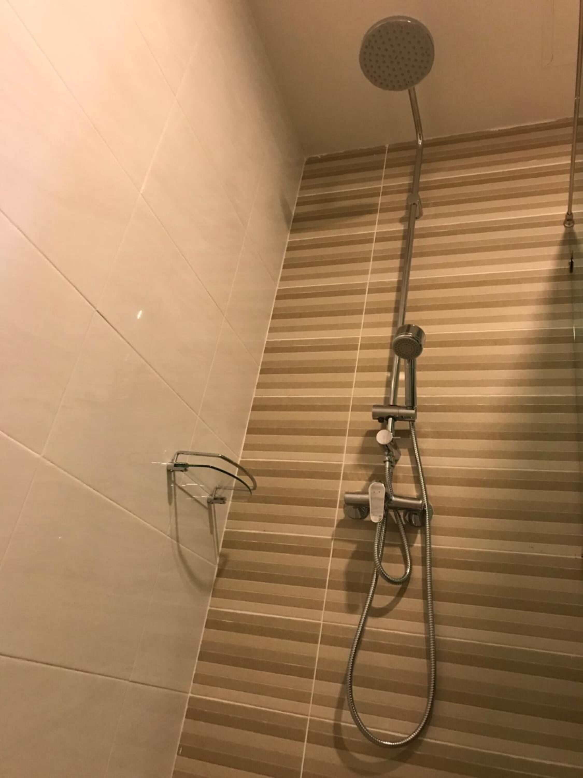 Une douche équipée d’un pommeau de douche à main et d’un robinet fixé au mur.