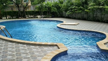 Outdoor pool, sun loungers