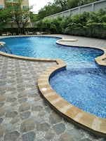 Outdoor pool, sun loungers