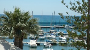 Ein Yachthafen mit mehreren angedockten Booten, umgeben von Palmen und freiem Blick auf das Meer.