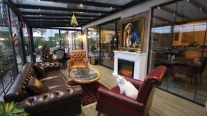 A modern living room with leather sofas, a fireplace, and a large window with a view of the outdoors. - LP Lagun Palas (Altinova)