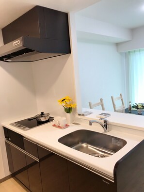 Habitación Deluxe (Family) | Cocina privada | Refrigerador, microondas, parrilla de estufa y plancha de cocina