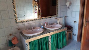 Shower, rainfall showerhead, bidet, towels