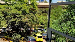 A view of a parking area with several cars, surrounded by greenery and a building in the background. - United Kenya Club (Nairobi)