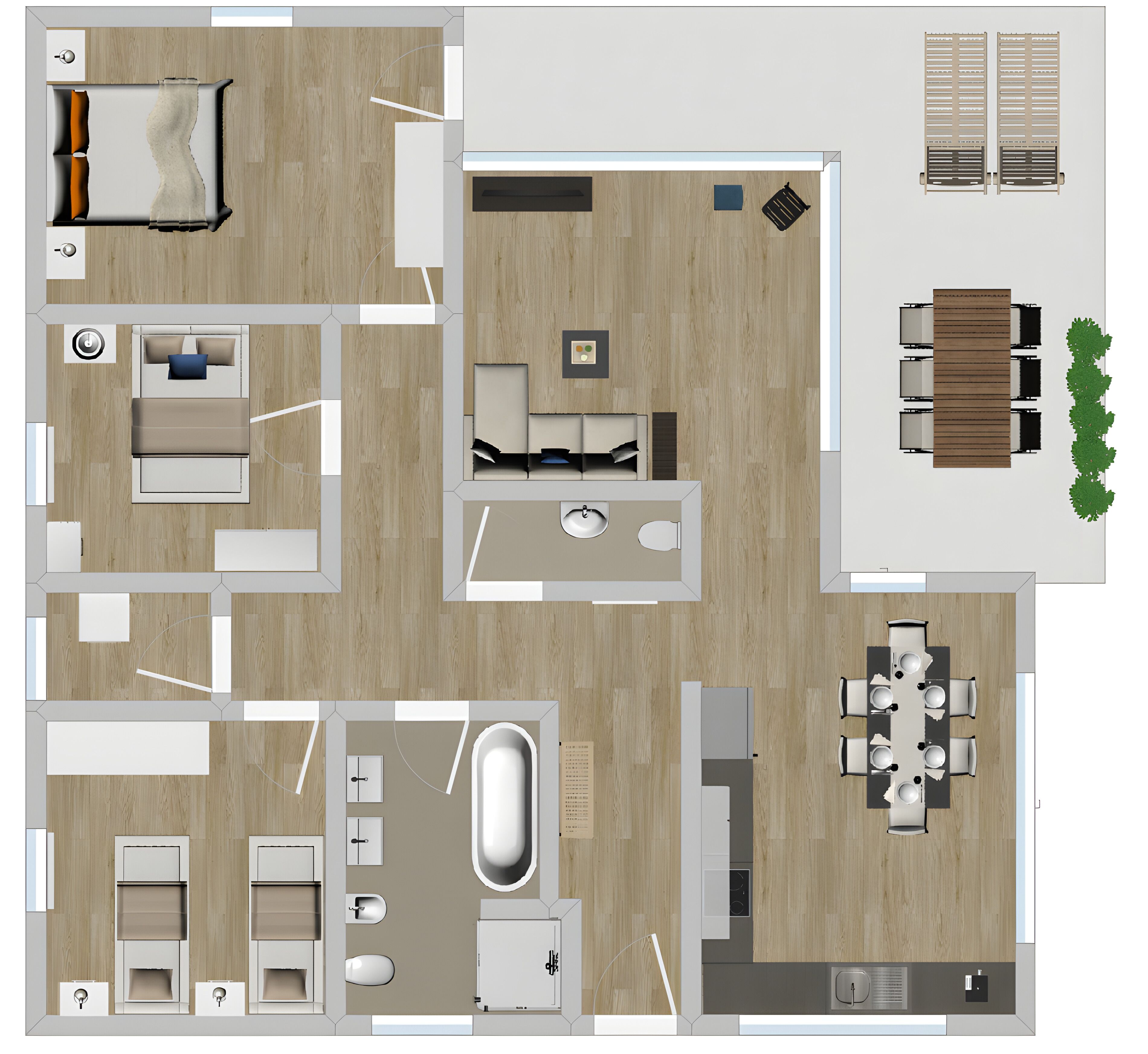Un plan d’étage d’une chambre d’hôtel comprenant un lit, une salle de bain, une cuisine et un coin repas.