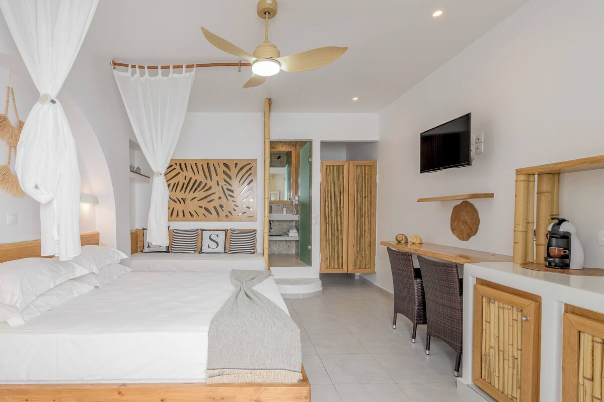 A spacious bedroom with a large bed, a ceiling fan, and a view into the bathroom.