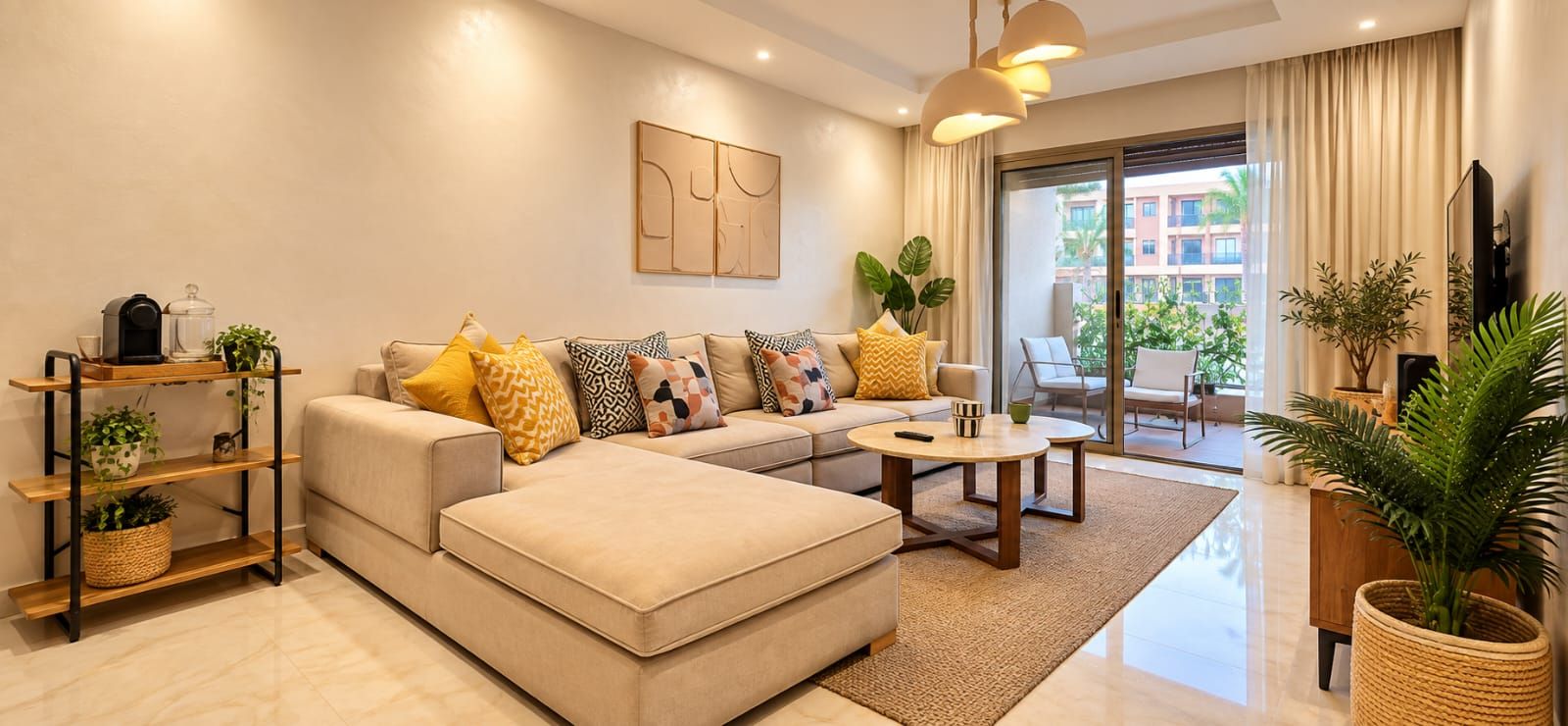 Una sala de estar moderna con sofá, mesa de centro y un balcón con plantas.