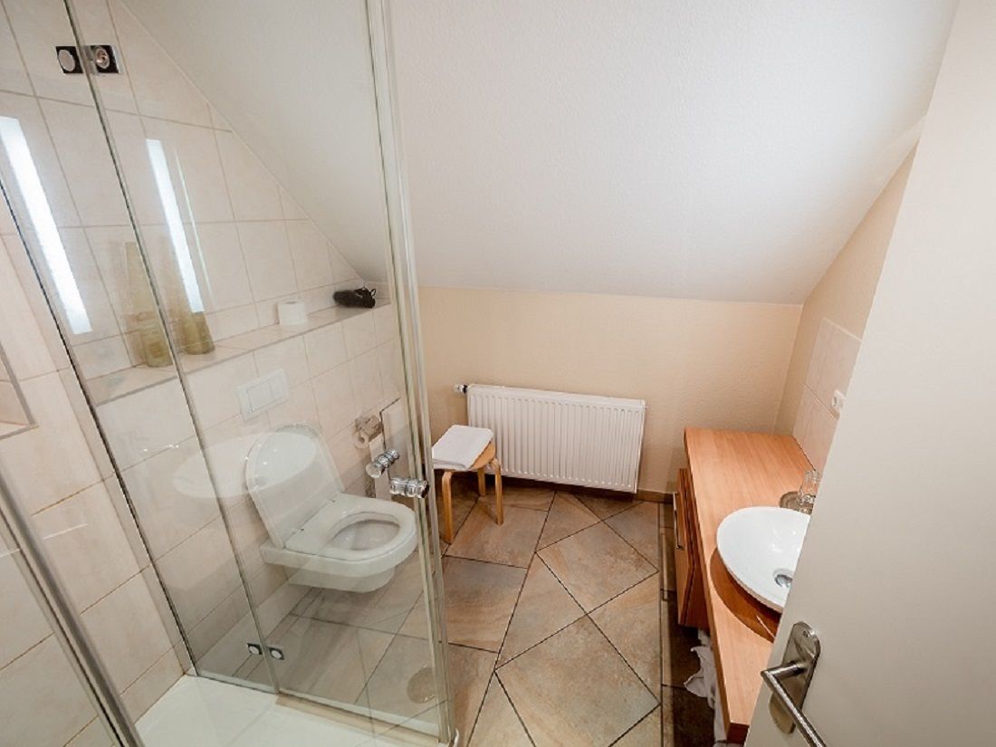 A small, modern bathroom with a glass shower enclosure, a toilet, a sink, and a radiator.