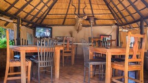 A restaurant with wooden tables and chairs, a thatched roof, and a mounted animal head on the wall. - Padandaro Guest House (Bulawayo)