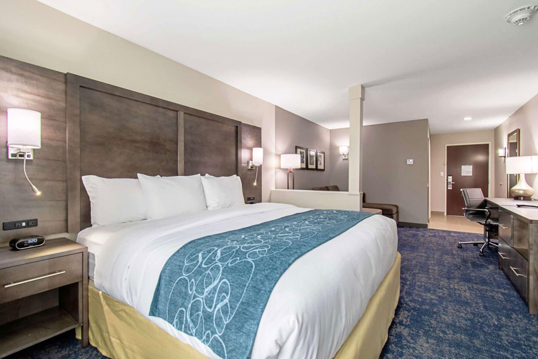 Premium bedding, pillow-top beds, desk, laptop workspace