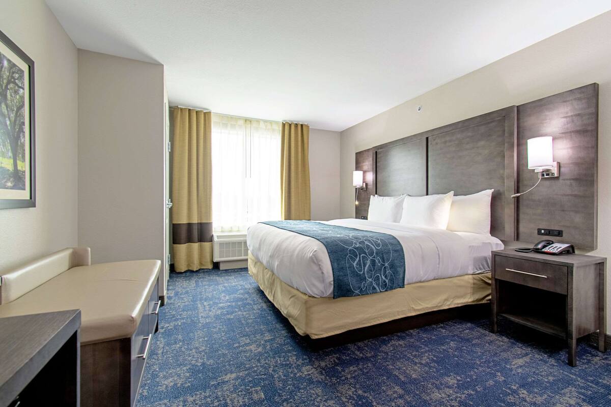 Een hotelkamer met een bed, nachtkastje, lamp en bureau.