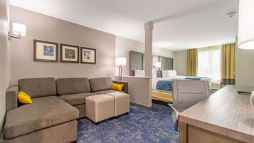 Premium bedding, pillow-top beds, desk, laptop workspace