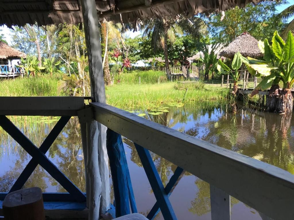 A wooden deck with a view of a water body and surrounding vegetation.