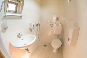 Shower, free toiletries, hair dryer, slippers