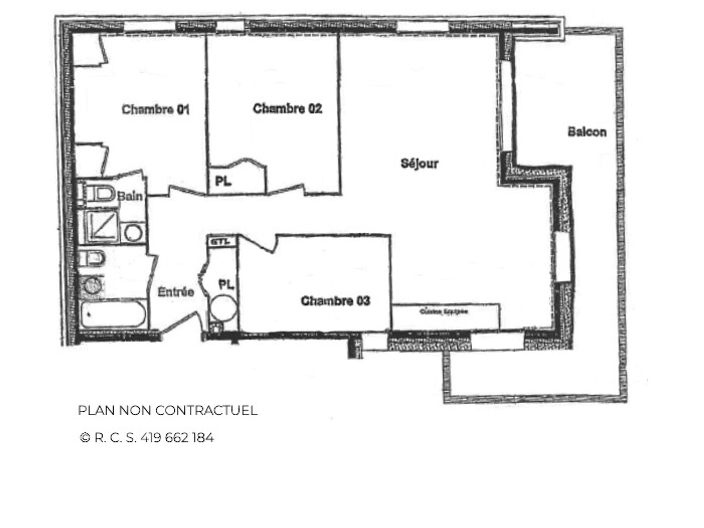 A hotel floor plan with three bedrooms, a balcony, a sitting area, and a bathroom.