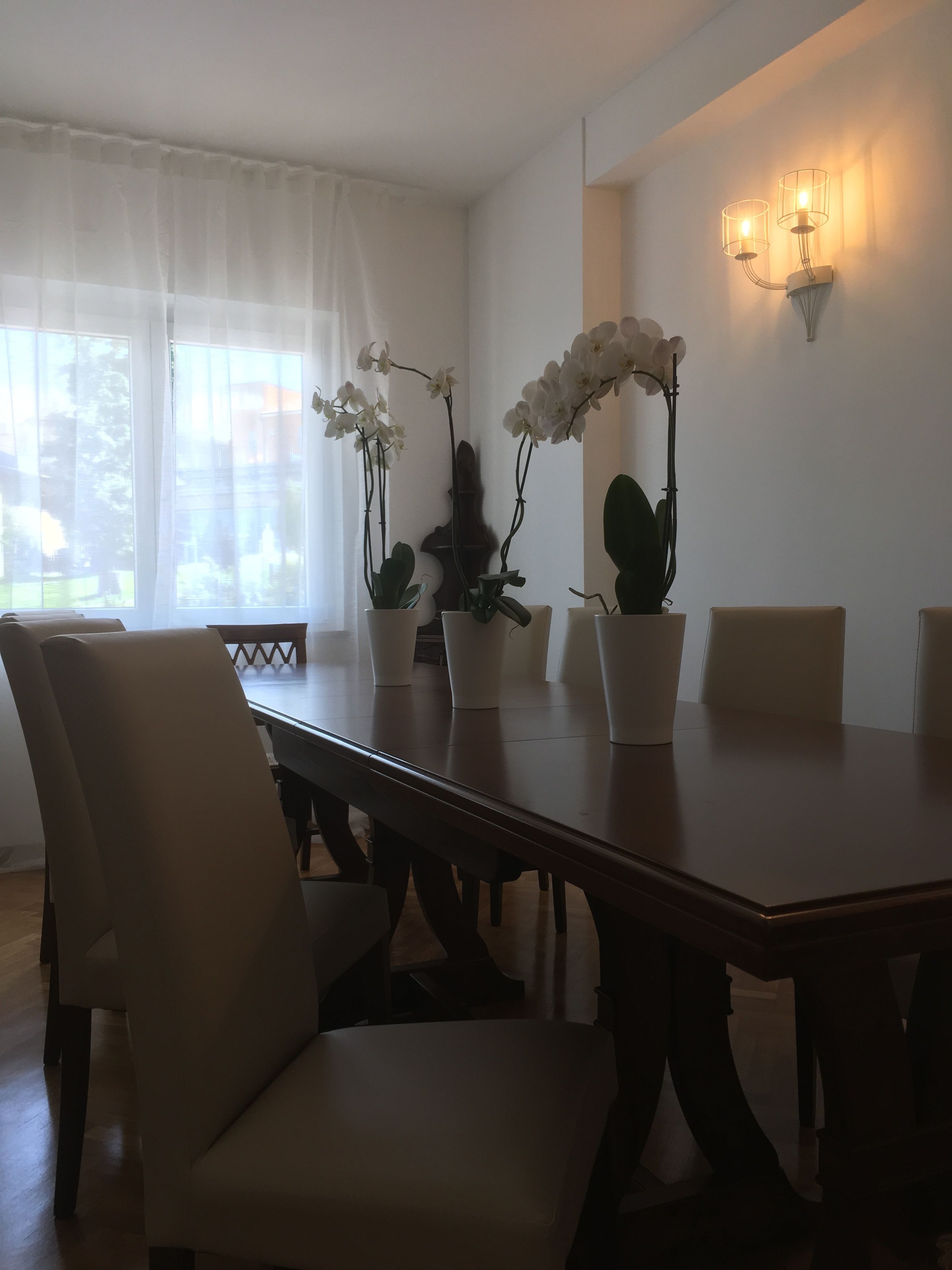 A dining area with a wooden table, white chairs, and potted orchids.