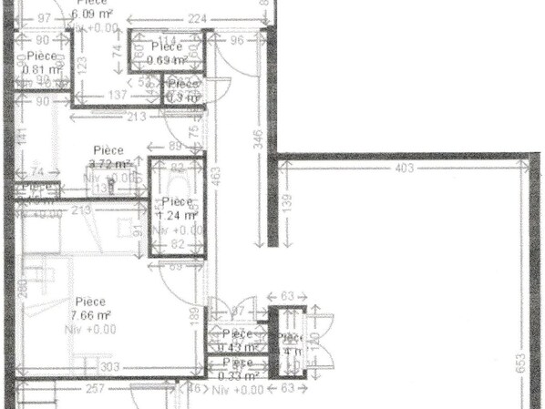 A floor plan with various rooms labeled and dimensions marked.