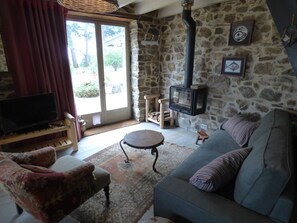 Téléviseur, foyer, livres, sélection de musique