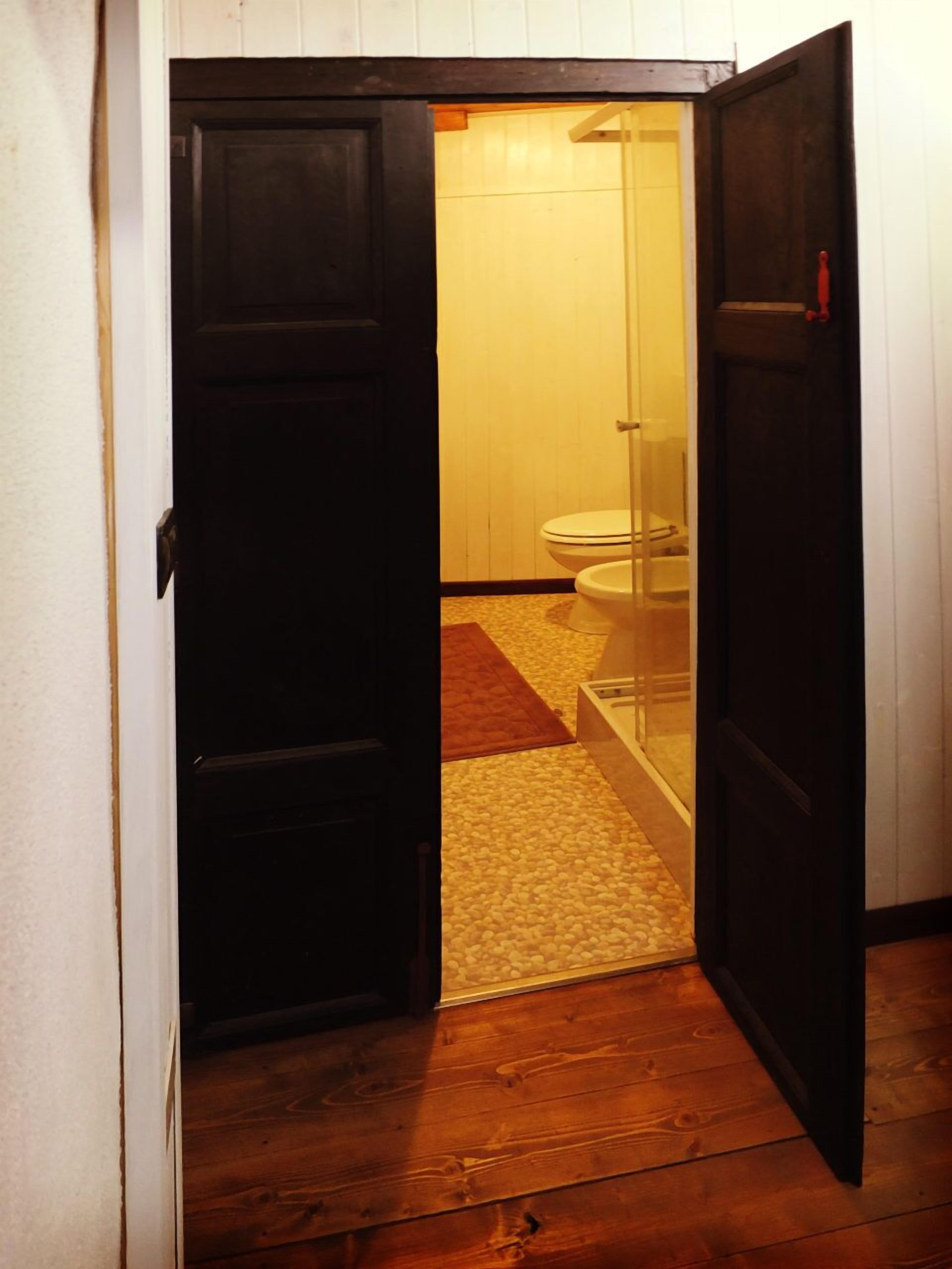 Un pasillo que da a un baño con inodoro y zona de ducha.