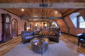 Smart TV, fireplace, books, video library