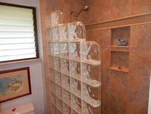 Douche, sĂšche-cheveux, serviettes fournies, savon