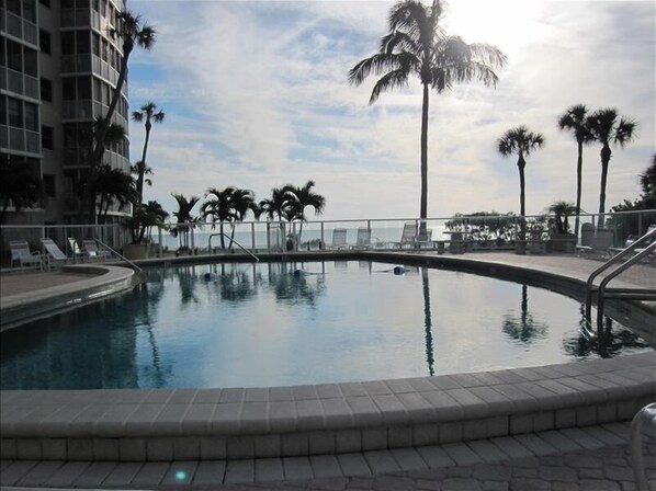 Relax by the ocean-view pool surrounded by palm trees and lounge chairs.