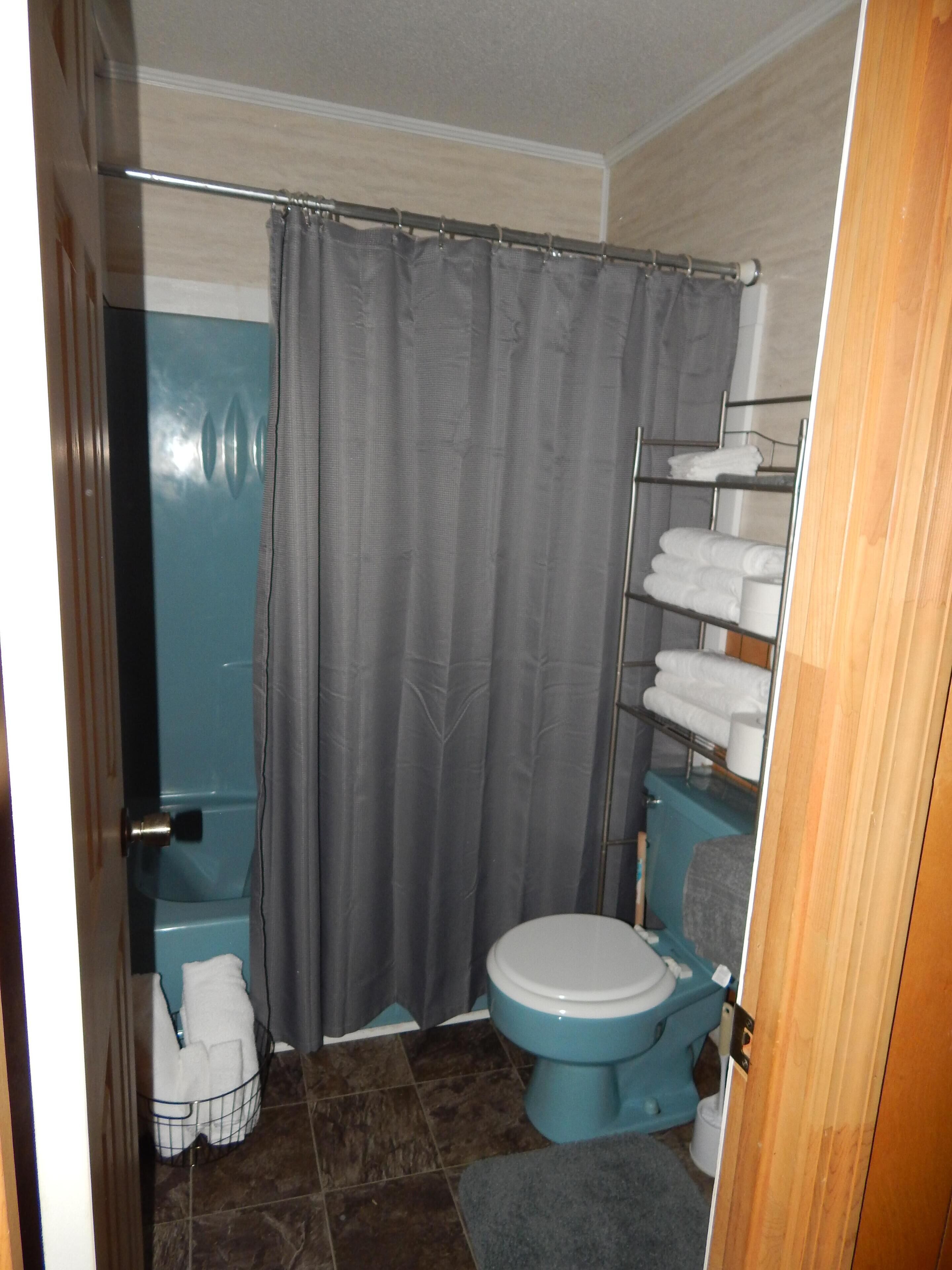 Combined shower/tub, hair dryer, towels, soap
