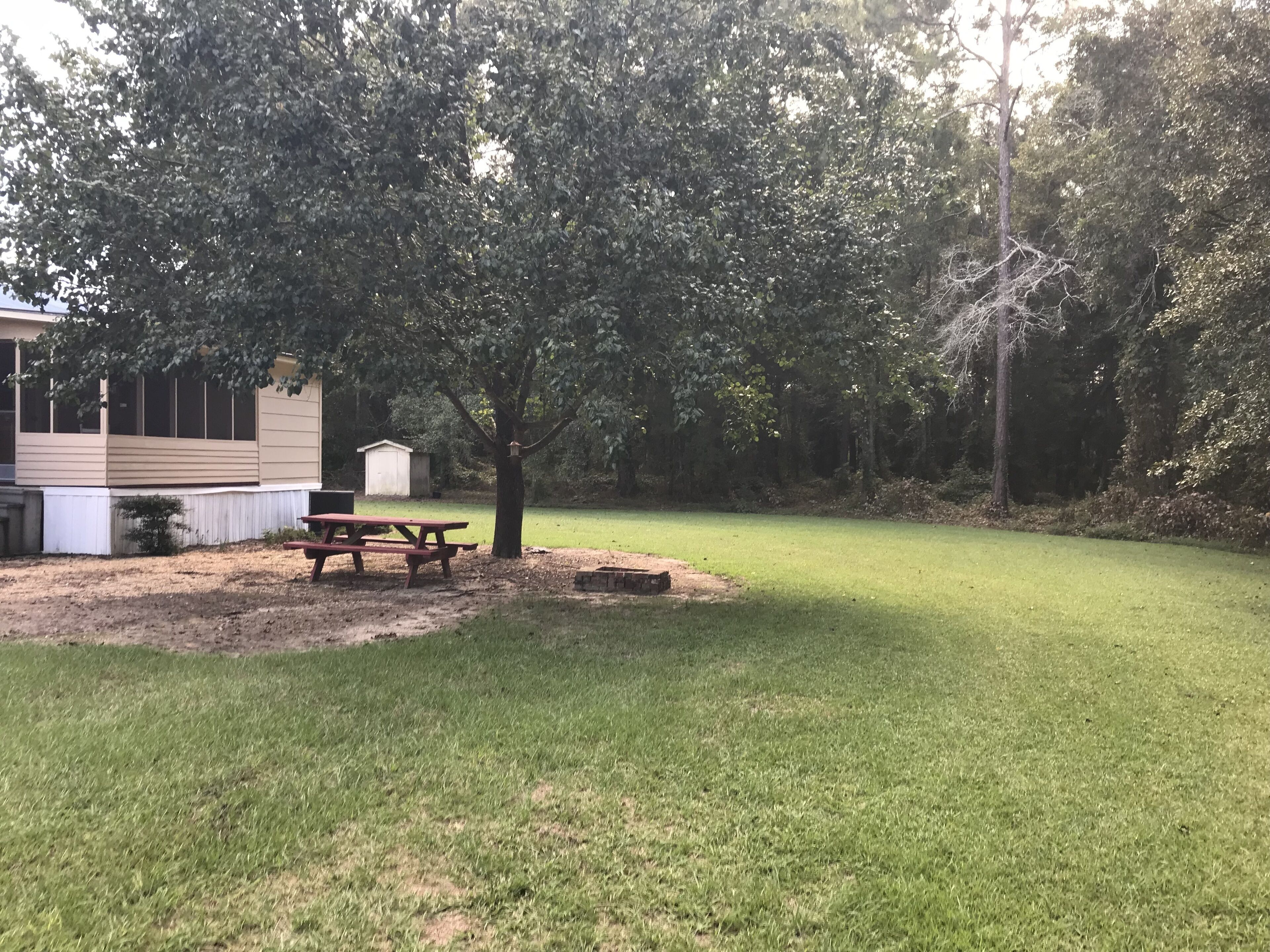 A backyard with a picnic table and a shed.