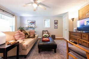 Smart TV, DVD player, books, music library