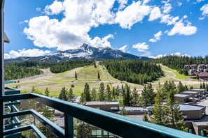 Enjoy breathtaking views of a snow-capped peak and forested valley from this mountain lodge.