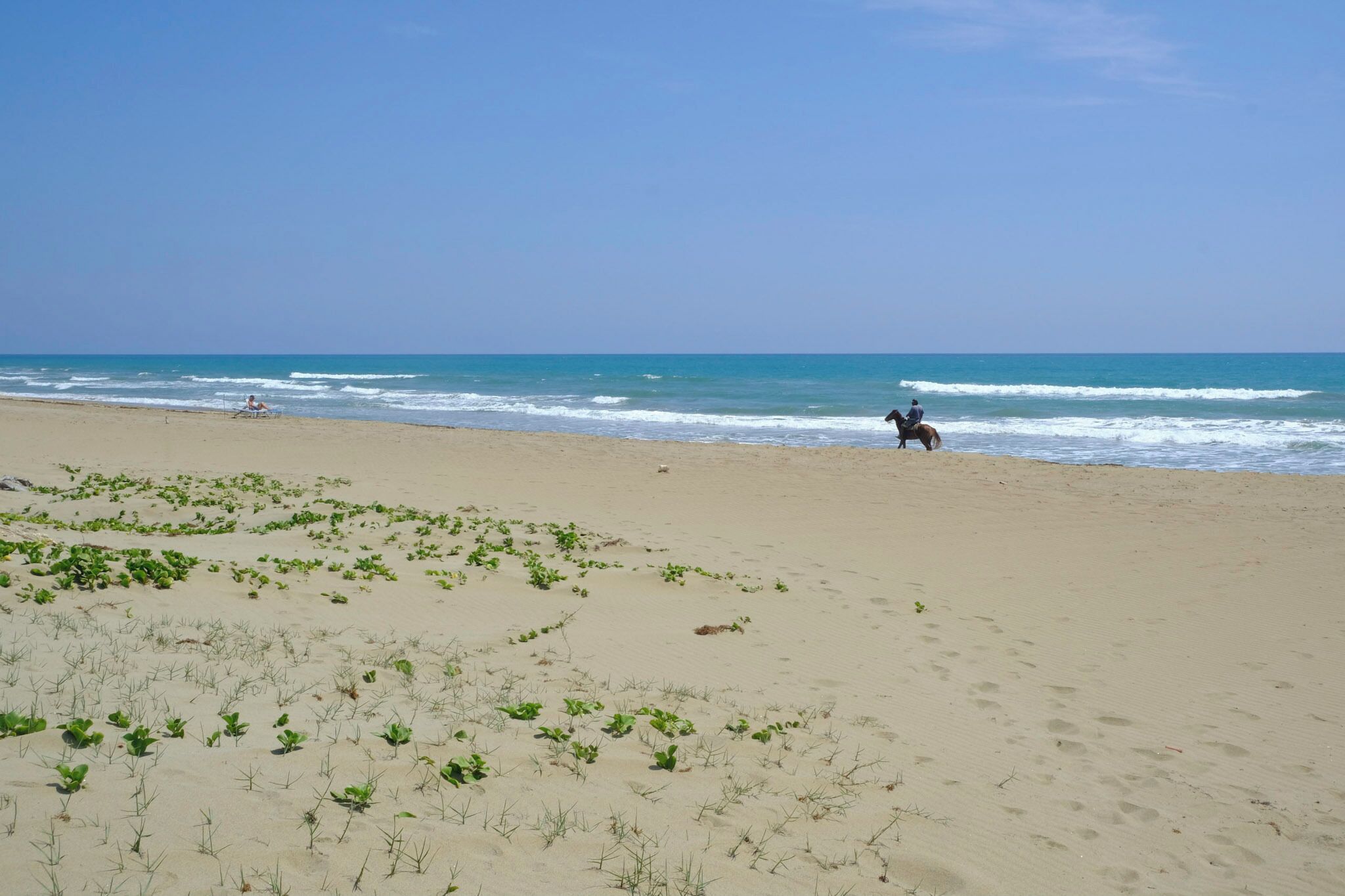 A beach with a horse and rider, and a person sitting on the sand.