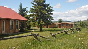 A wooden cabin with a red roof, surrounded by a grassy field and a large evergreen tree.