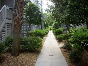 Stroll through lush gardens to a serene building with a balcony and peaceful atmosphere.
