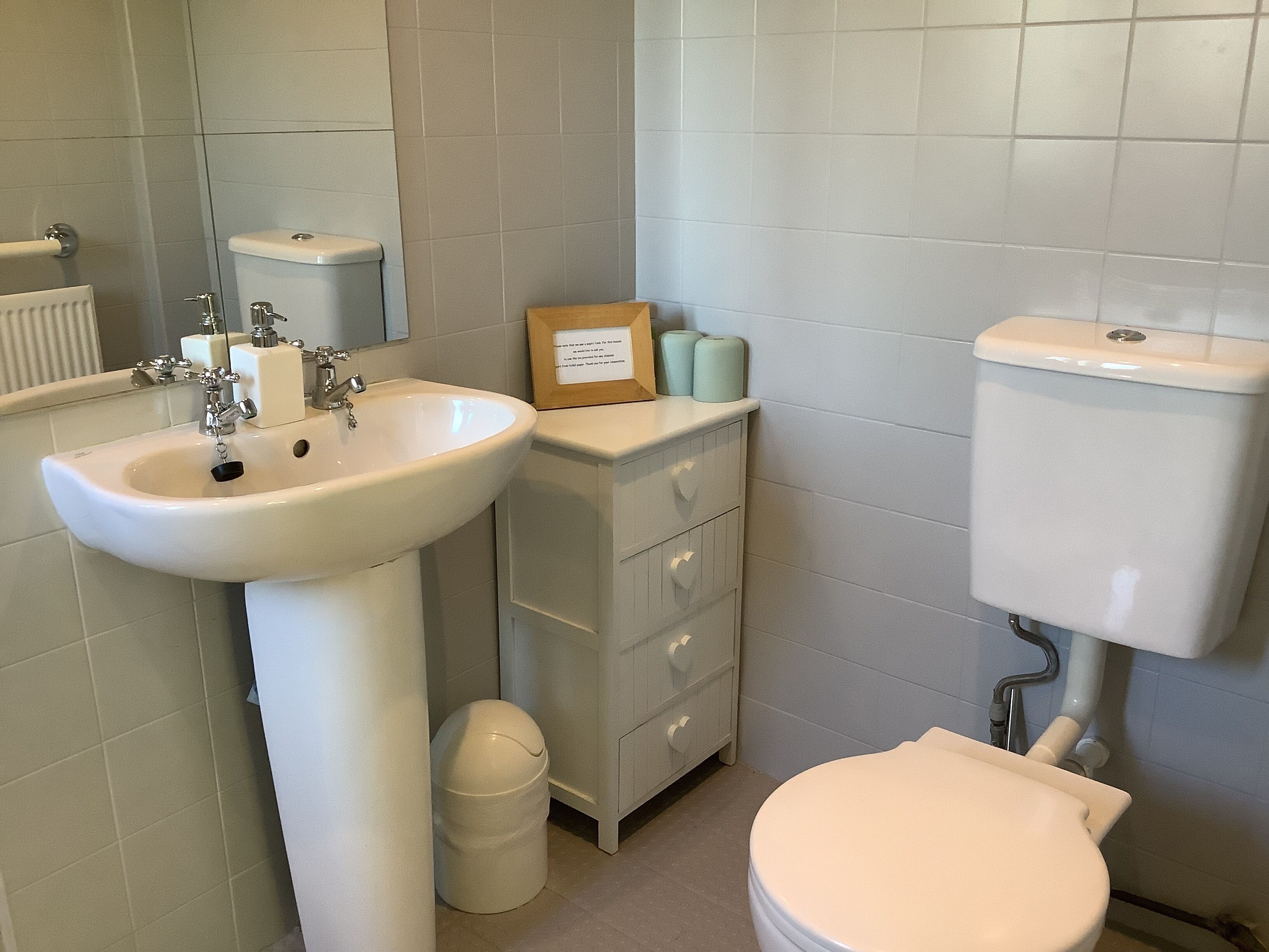Ein Badezimmer mit Waschbecken, Toilette und Stauraumschrank.