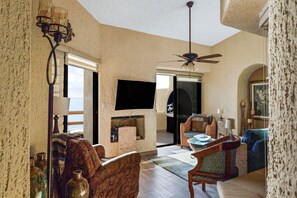 Smart TV, fireplace, DVD player, books