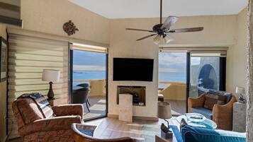 Smart TV, fireplace, DVD player, books