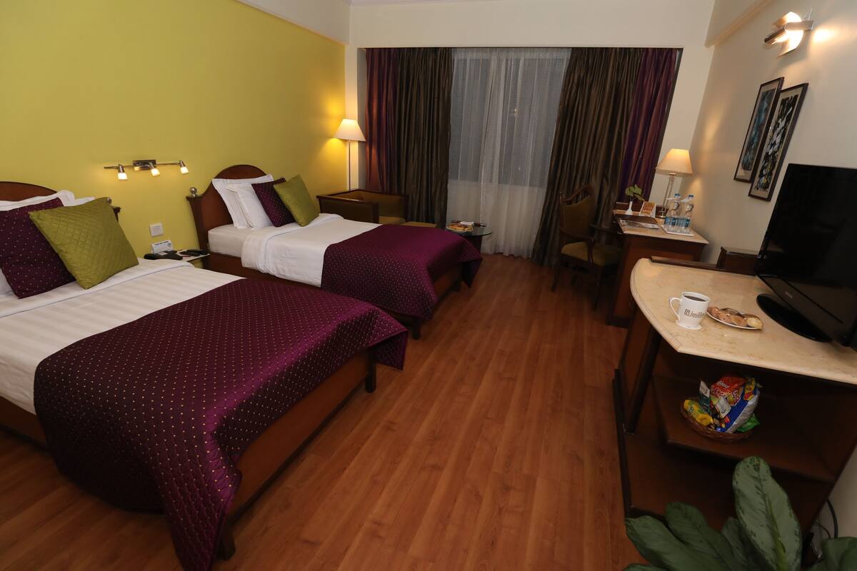 Quarto de hotel com duas camas, uma escrivaninha com televisão, uma cadeira, uma mesinha com uma chávena de café e uma planta.