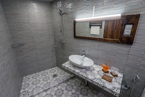 Shower, hair dryer, bidet, towels