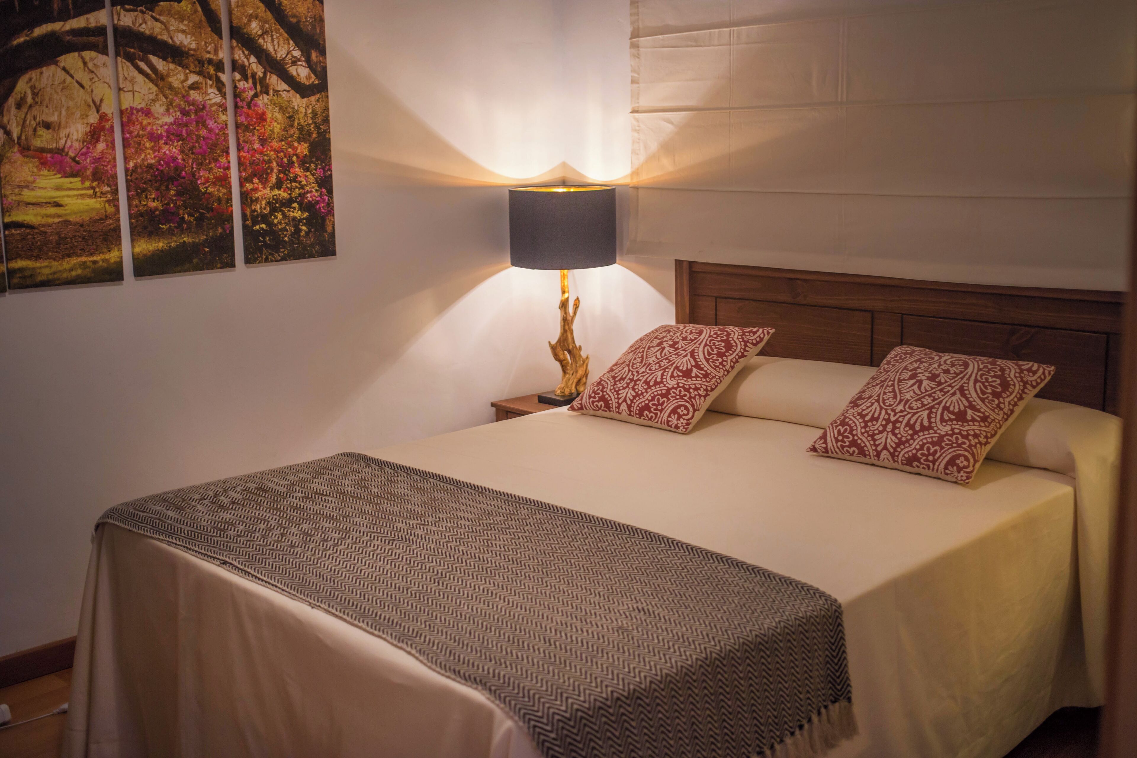 A neatly made bed with patterned pillows and a throw blanket, a bedside lamp, and a wall-mounted artwork depicting a natural scene.
