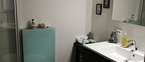 A compact bathroom with a white toilet, a sink with a mirror, and a small shelf with toiletries.